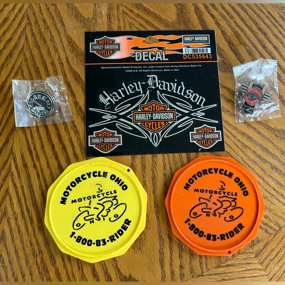 Harley Davidson Pin, Decal, Coaster Pack